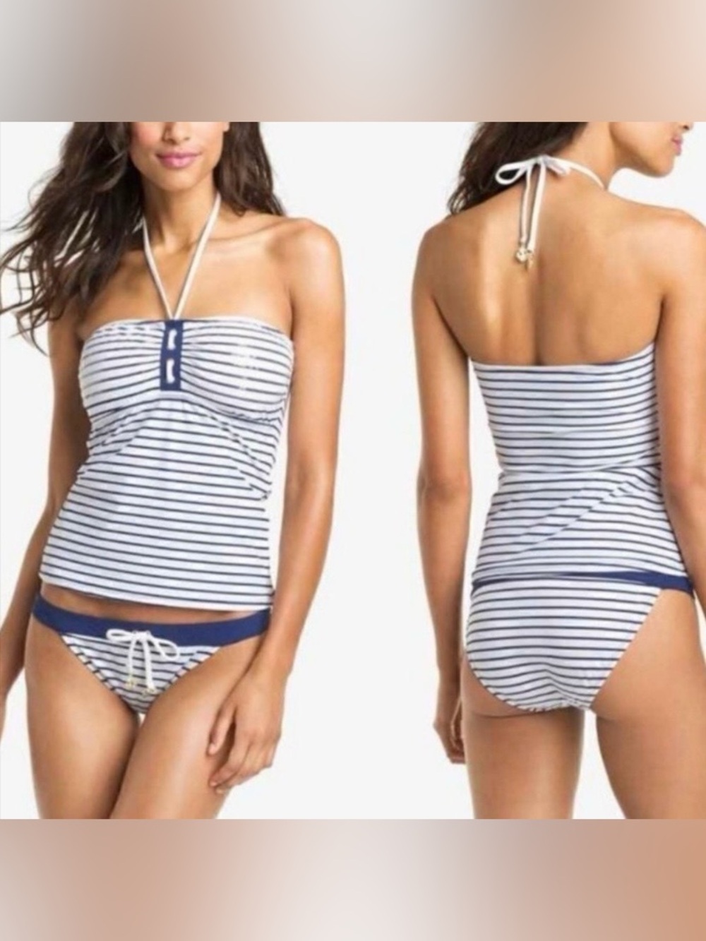 ⚓️ SPERRY Top-Sider Navy Blue & White Nautical Striped Bandeau Tankini NWOTs